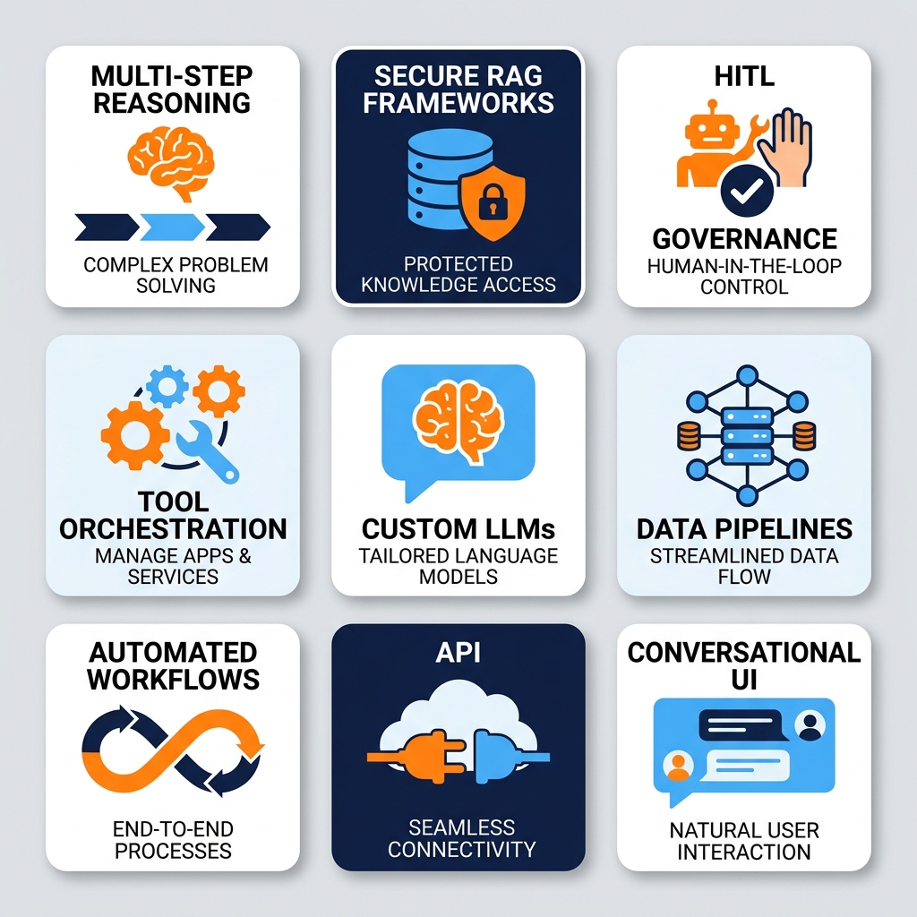 Agentic AI Features - Multi-Step Reasoning, Secure RAG, HITL Governance, Tool Orchestration, Custom LLMs, Data Pipelines, Automated Workflows, API Integration, Conversational UI
