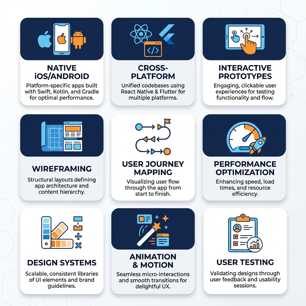App UI/UX Features - Native, Cross-Platform, Interactive Prototypes, Wireframing, User Journey Mapping, Performance Optimization, Design Systems, Animation, User Testing