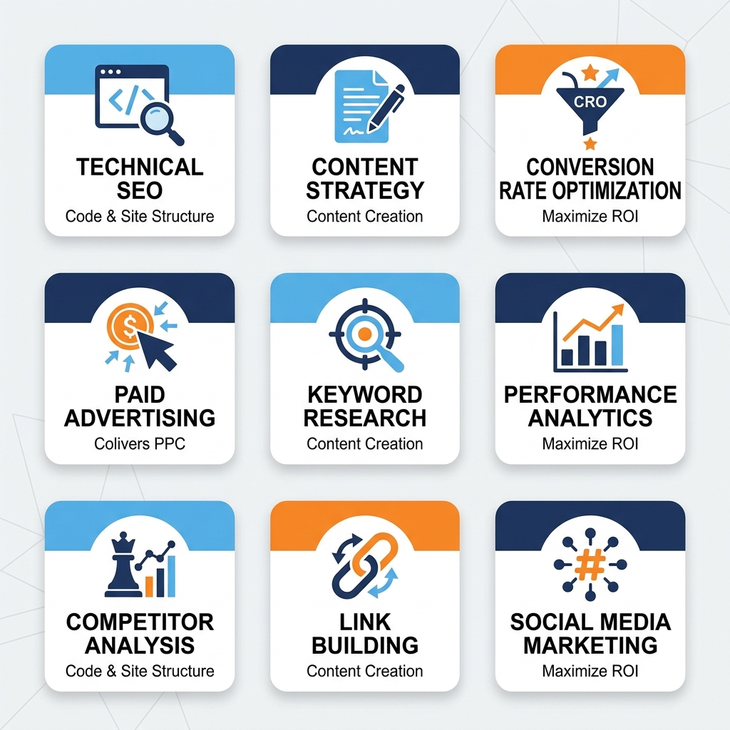 Digital Growth Features - Technical SEO, Content Strategy, CRO, Paid Advertising, Keyword Research, Analytics, Competitor Analysis, Link Building, Social Media