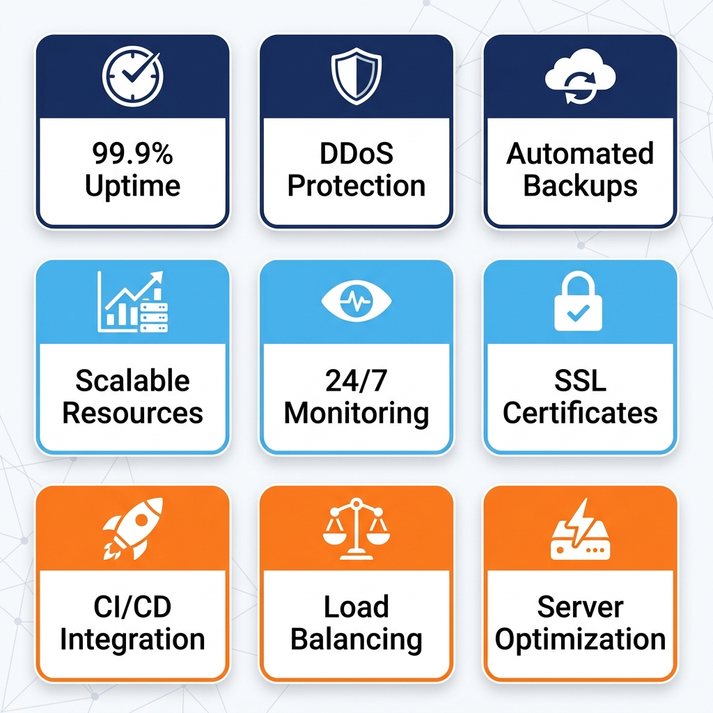 Cloud Features - Uptime, DDoS Protection, Backups, Monitoring, SSL, CI/CD, Load Balancing, Server Optimization