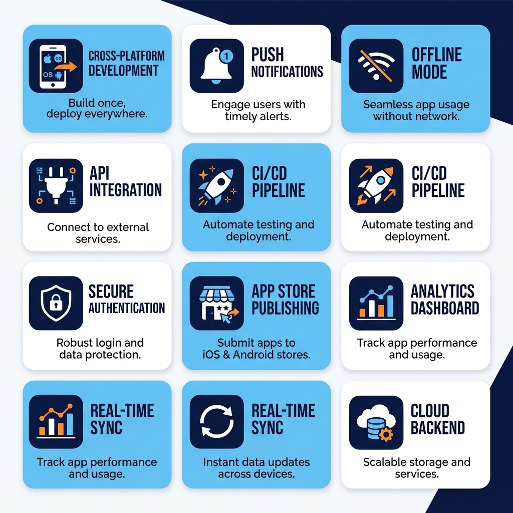 Mobile App Development Features - Cross Platform, Push Notifications, Offline Mode, API Integration, CI/CD, Security, App Store Publishing, Analytics, Real-time Sync, Cloud Backend