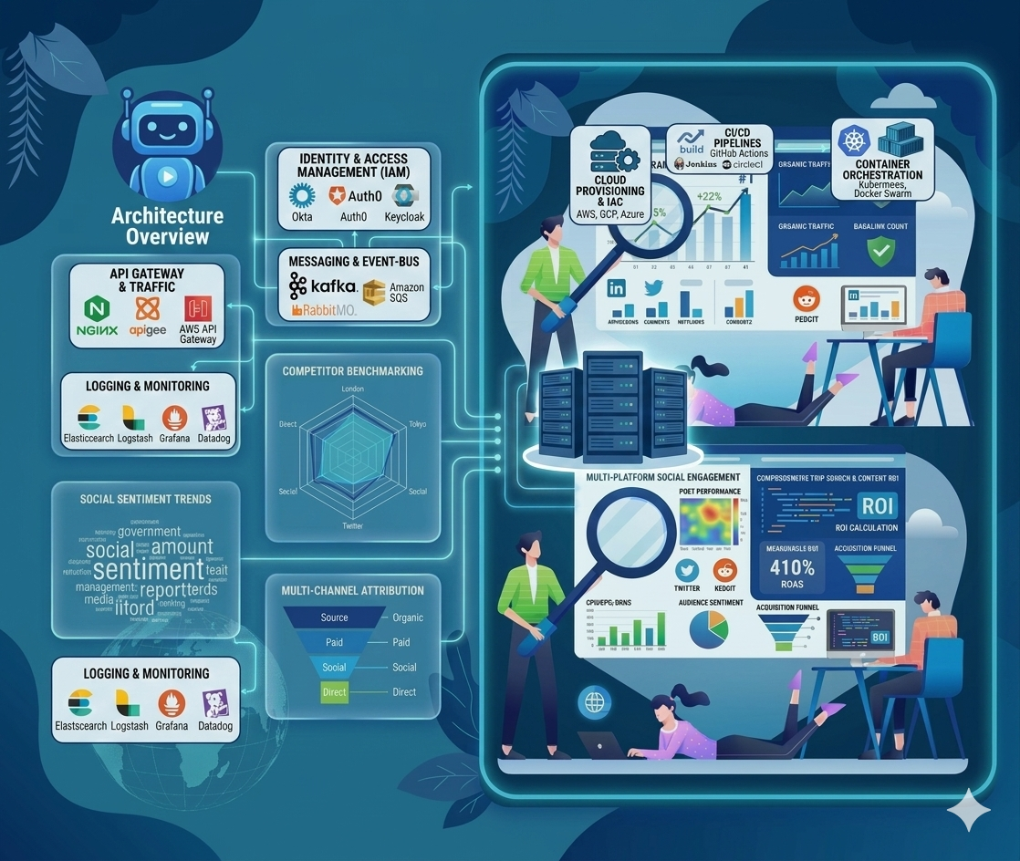 Cloud infrastructure architecture including IAM, API Gateway, and CI/CD pipelines