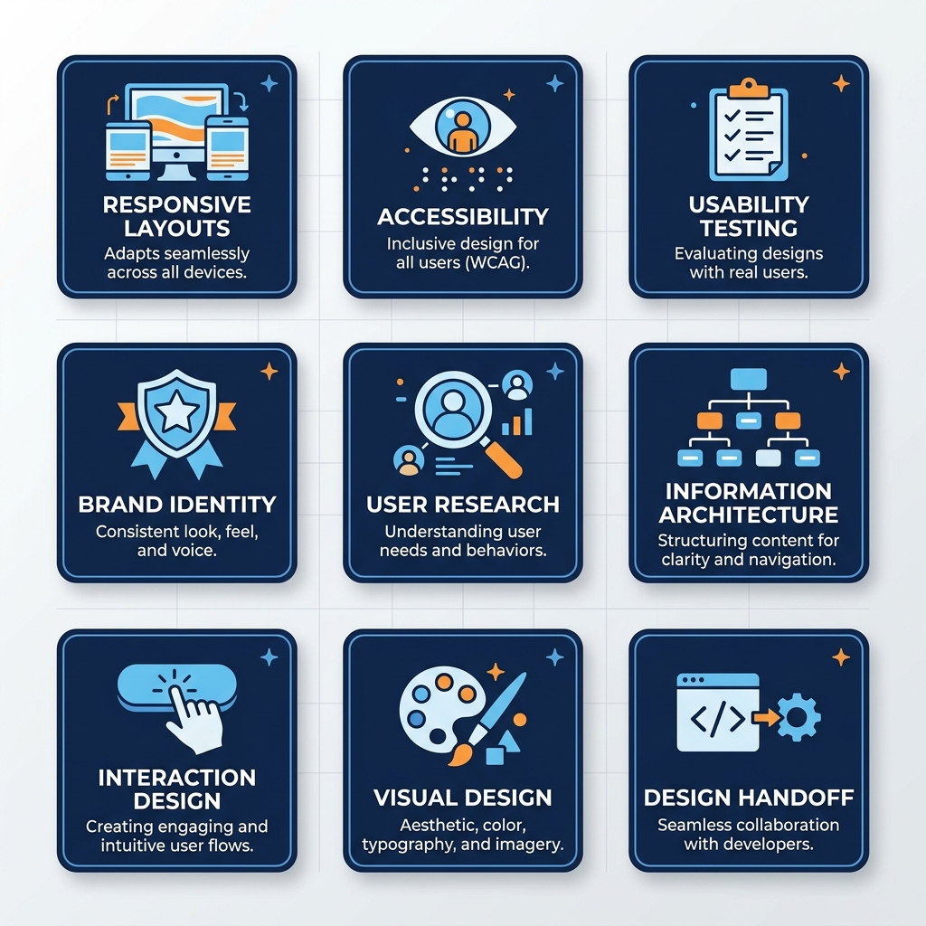 Web Design Features - Responsive, Accessibility, Testing, Brand, User Research, Architecture, Interaction, Visual, Handoff