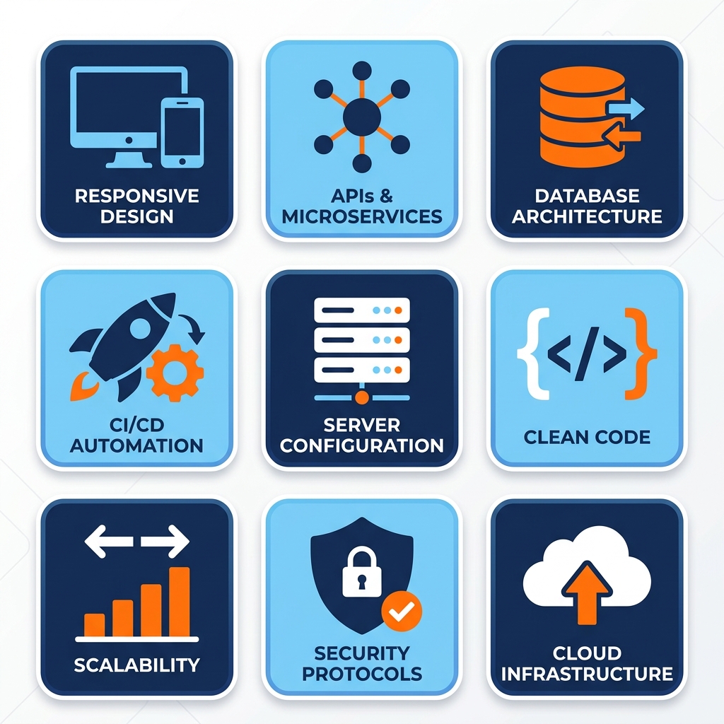 Web DevOps Features - Responsive Design, APIs, Database Architecture, CI/CD, Server Config, Clean Code, Scalability, Security, Cloud